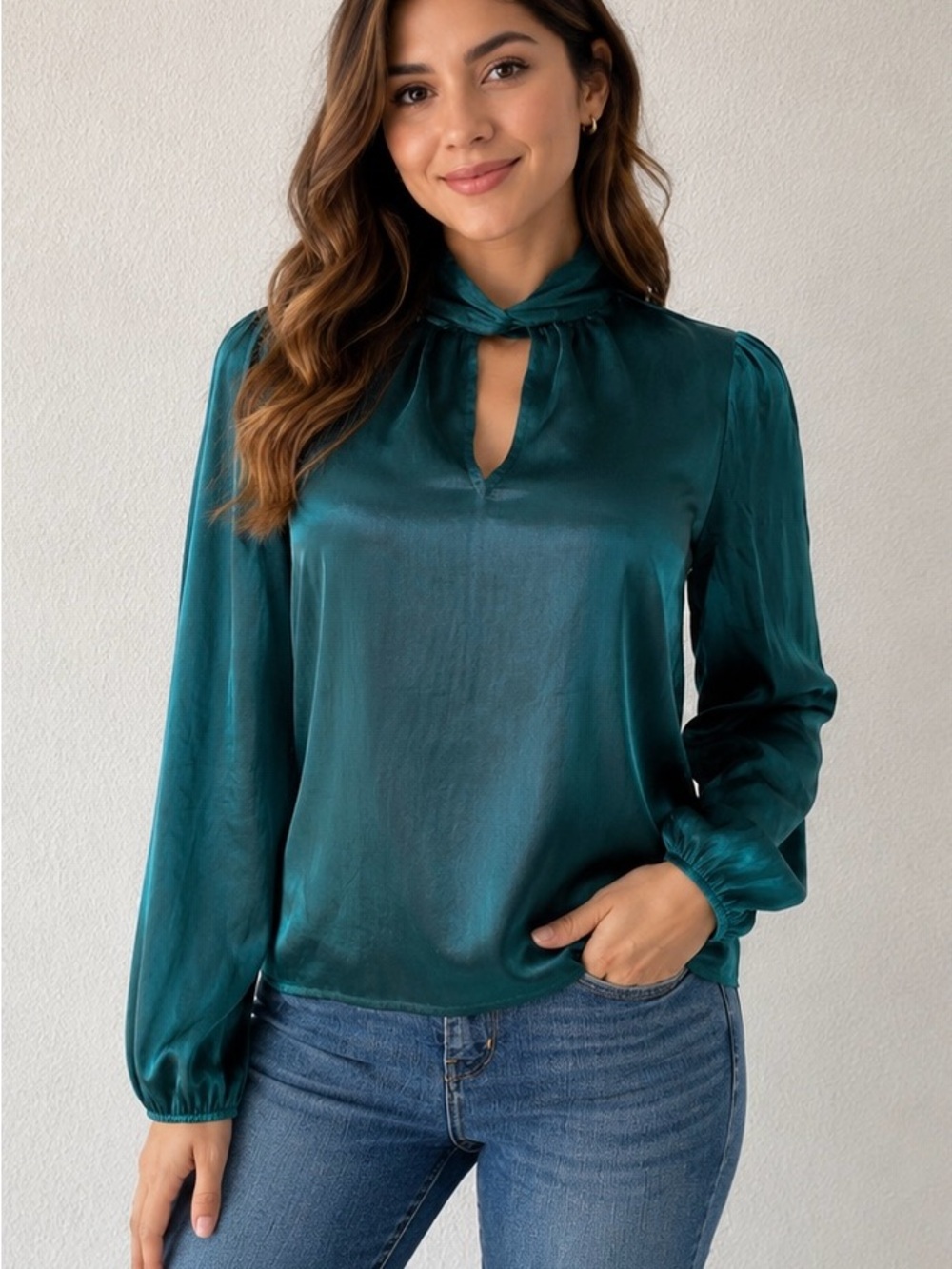 Nine West Teal Satin Keyhole Tie-Neck Blouse
